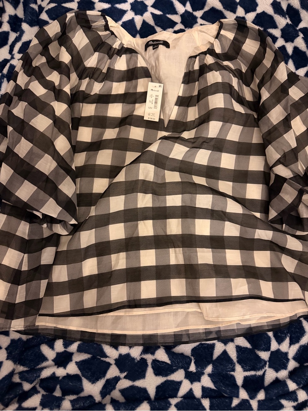 Madewell Black & White Gingham Bubble Sleeve Top